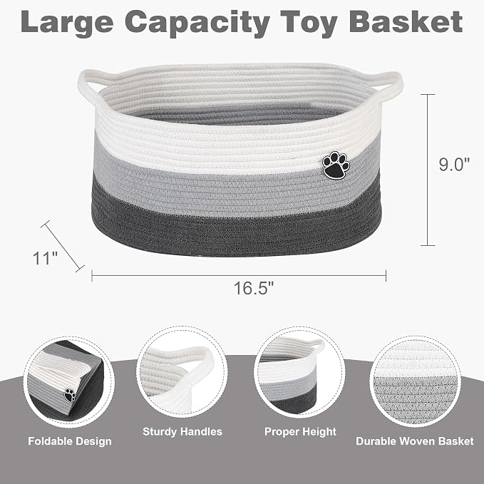 Optish 25L Dog Toy Basket,16.5" x 11" x 9" Medium Toy Storage Box and Bin with Handles, Woven Rope Foldable Basket for Blankets, Living Room, Bedroom, Home Decor, White & Grey