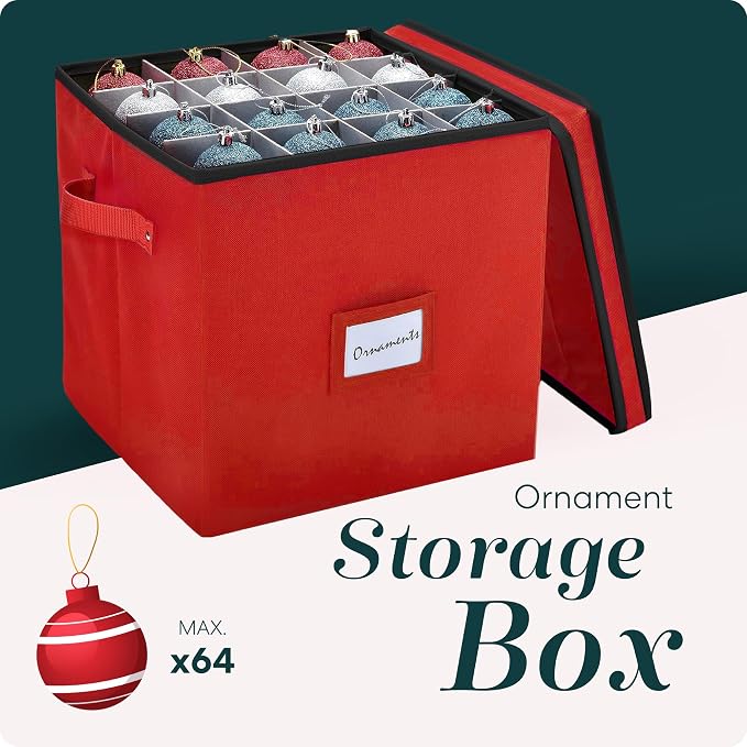 Handy Laundry, Christmas Ornament Storage - Stores up to 64 Holiday Ornaments, Adjustable Dividers, Covered Top, Two Handles. Storage Box Keeps Holiday Decorations Clean & Dry for Next Season. (Red)