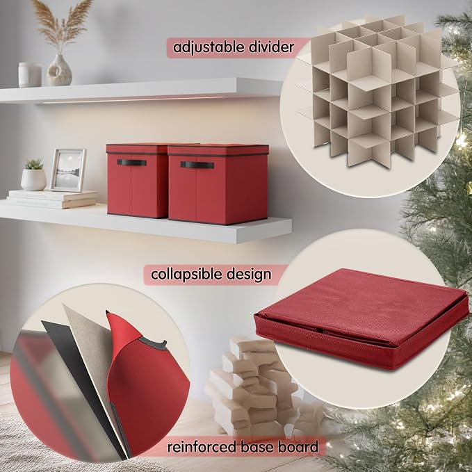 Mobi Lock Christmas Ornament Storage Box with Dividers - Holiday Ornament Organizer Bag - Holds 64 Balls - Durable Red Fabric Container, No Tray - Foldable Xmas Decorations Storage