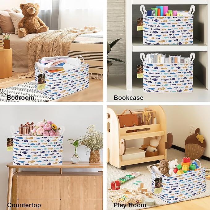 Rectangle Foldable Storage Basket Handles For Home, fish | Waterproof canvas material, reinforced handles, perfect for shelf use, organizes clothes, daily items and pet supplies
