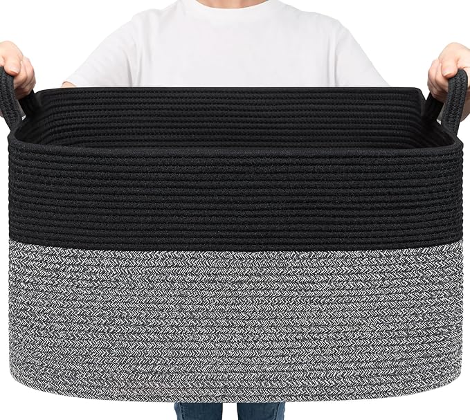 Goodpick Large Woven Rope Blanket Basket, Rectangle, Black & Gray | 21.6'' x 14.9'' x 11.8'' Storage Basket for Toys & Nursery Essentials, Living Room & Bedroom Organization, Reinforced Handles