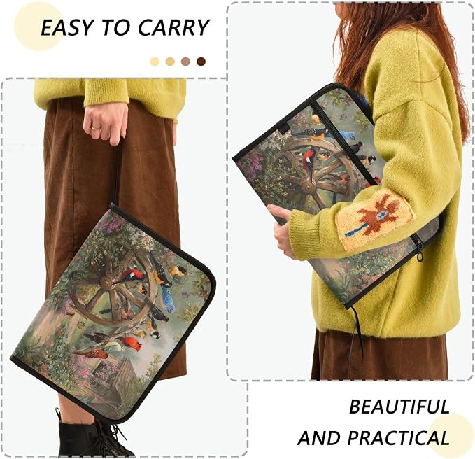 Birds on The Wagon Wheel Expanding File Folder with Sticky Labels, 13 Pockets Accordion File Folder Document Organizer Expandable Zip File Folder with Zipper Closure