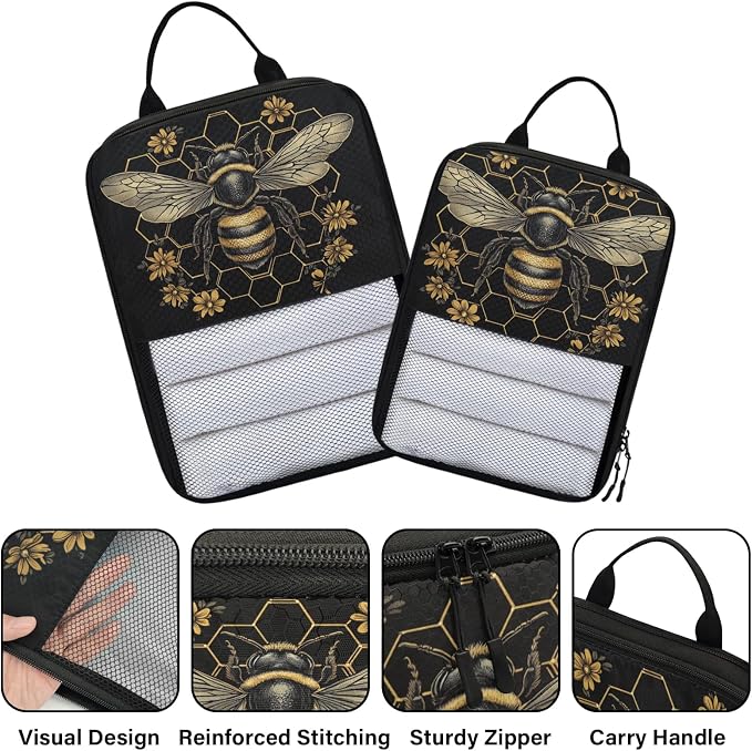 TropicalLife Bee Honeycomb 6 Set Compression Packing Cubes | Vintage Golden Flower Travel Accessories Expandable Packing Organizers Space Saver Bags for Organizing Clothes