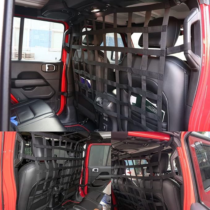 Rear Seat Dog Barrier Net Divider for Jeep Wrangler JK JL JT 2007-2025 | Fits Jeep Wrangler JK JL & Gladiator JT 2/4 Door, Black, Thickened Polyester Pet & Child Safety Barrier, No-Tool Install