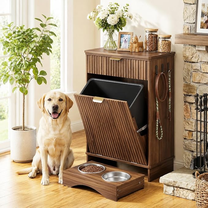 Dog Feeding Station with Storage Cabinet & 2 Elevated Bowls,Hooks,Walnut | Flip-top Sealed Food Bin.Pull-out Bowl Drawer with Wheels.Side Hooks for Leashes + Internal Shelf for Cans.For Dogs/Cats.