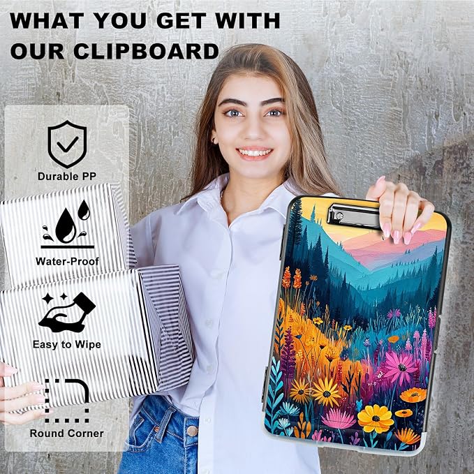 A4 Clipboard with Storage Pen Holder, Clipboards Organizer Nursing Clipboard Foldable File Folder Plastic Clipboard Folio Clip Board for Office Work Classroom Doctor, Mountain Wildflowers