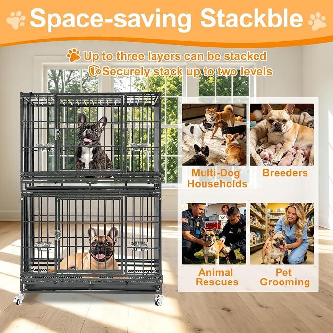 Homey Pet Two Tier 37" Heavy Duty Stackable Dog Crate with Wheels | Metal Crate for Dogs with Escape proof Locks, Tray, Bowl, Open Top, for Small and Medium Dogs, Breeders and Multi-dog Homes