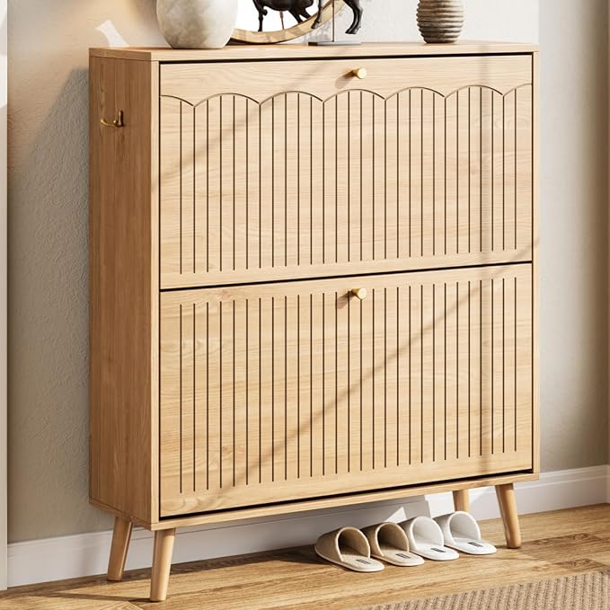 Arch-Chic Shoe Cabinet for Entryway, Modern Mid-Century Shoe Storage Cabinet with Fluted, Narrow Shoe Rack for Entryway with Adjustable Shelves & Tipping Protection,Light Oak