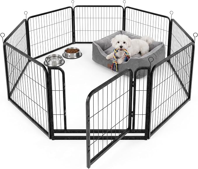 Kfvigoho Puppy Playpen 8 Panels Small Dog Fence Outdoor Indoor Use 24" | Anti-Rust Coating-Strengthened Dog Fence with Doors Portable for RV Camping Yard, Total 17FT, 25 Sq.ft, Snowy Black