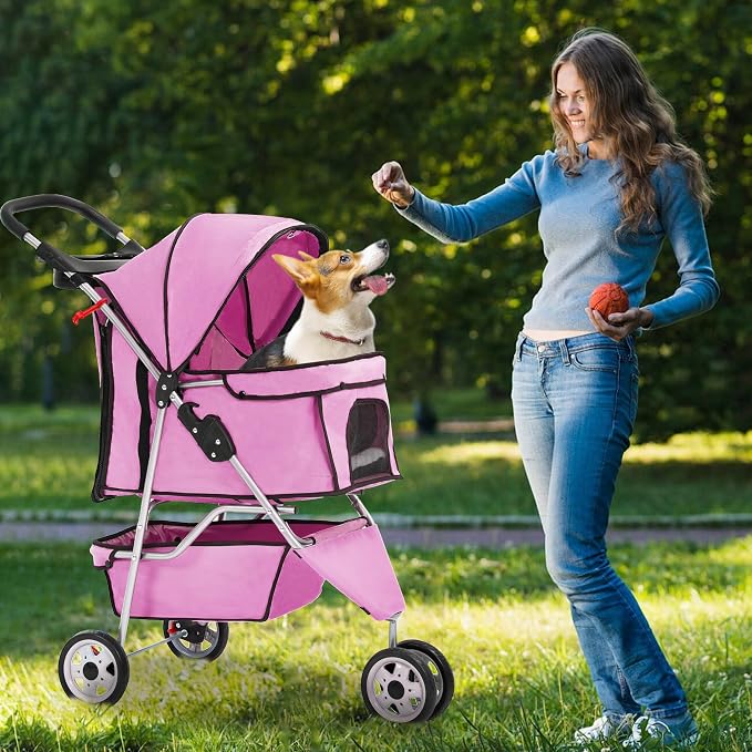 FDW 3-Wheel Pet Stroller Foldable Dog Cat Jogger Stroller Durable Travel Folding Carrier with Storage Basket Cup Holder,Peach Pink