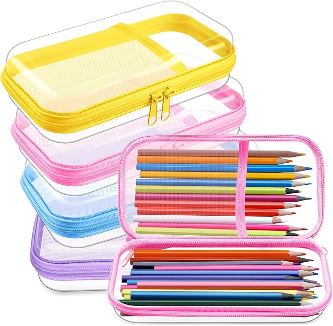 Sanwuta 4 Pcs Clear Hard Shell Zipper Case Clear Travel Pouches Bulk Plastic Portable Travel Organizer Bin with Mesh Pocket Toiletry Pouch Cosmetics Makeup Bag Snack Toiletry Bag(Macaron)