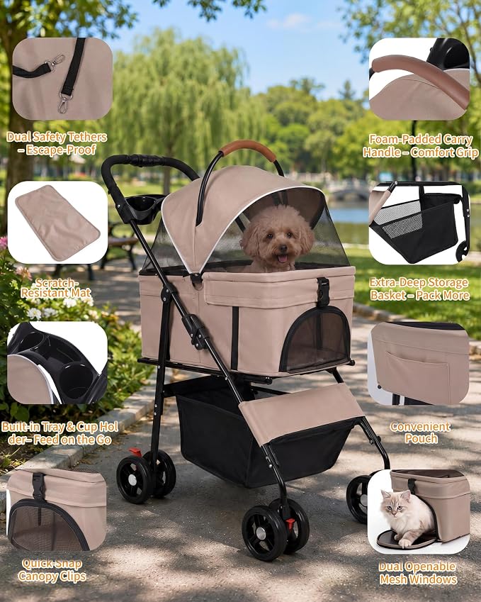 Pet Stroller, 3 in1 Foldable Dog Cat Stroller with Detachable Carrier-Khaki | 35lbs Lightweight Foldable Dog Stroller, All-Terrain 4 Wheels, Compact Travel Pet Stroller for Small to Medium Pets