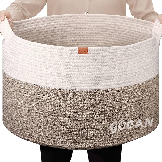 Cotton Rope Woven Laundry Basket 22"X 22"X 14" with handlesXXXL | Hand-woven, ideal for storing blankets and cushions in the living room, and clothes for household storage.(Brown/Beige)