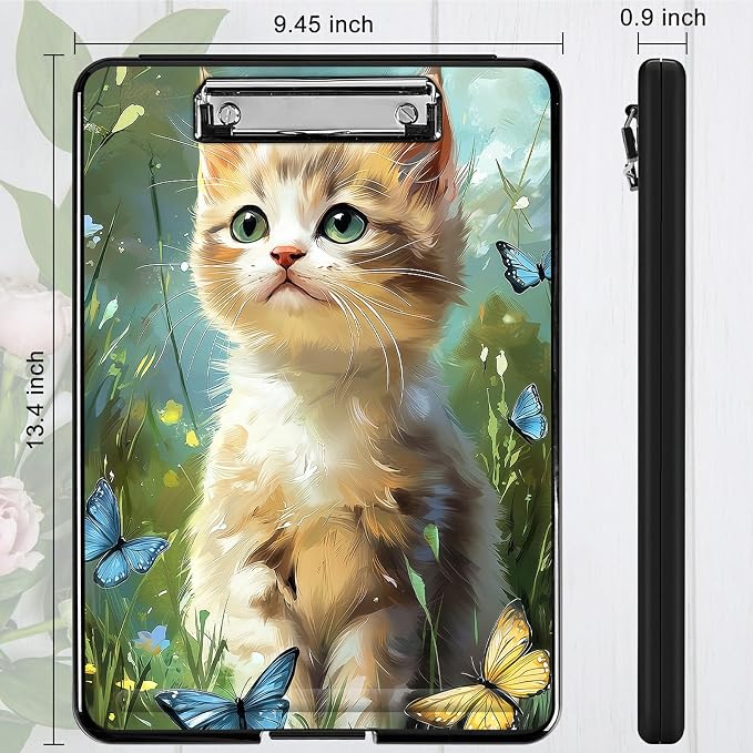 Heavy Duty Storage Clipboard, Slim Nursing Clipboard with Internal Pen Case, Portable File Organizer Case for A4 Letter Size Paper Office Medical Professionals, Lawn Cat Butterfly