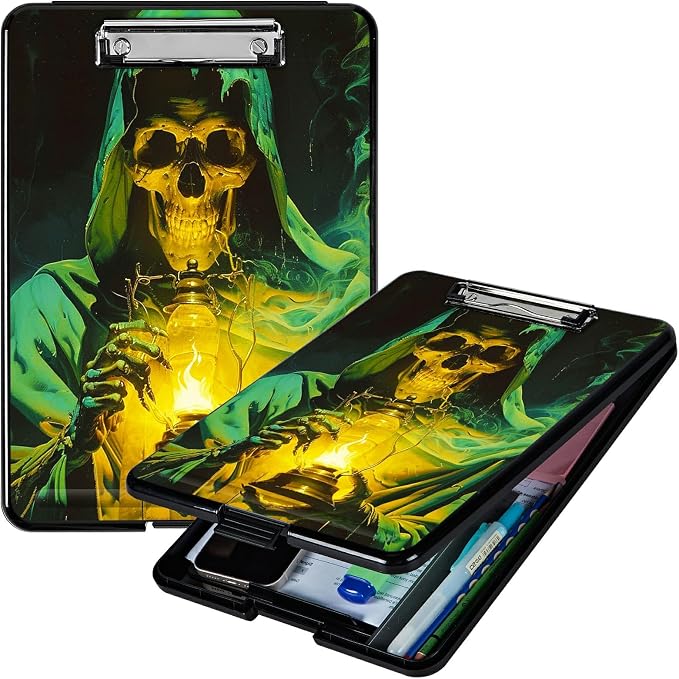 Green Skull Flame A4 Clipboard with Storage Pen Holder, Clipboards Organizer Nursing Clipboard Foldable File Folder Plastic Clipboard Folio Clip Board for Office Students Classroom Doctor