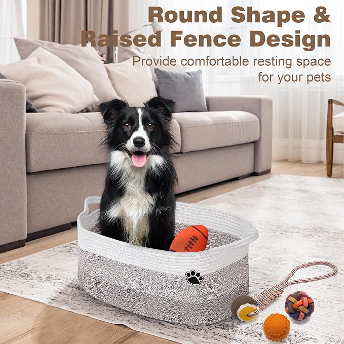 Optish 25L Dog Toy Basket,16.5" x 11" x 9" Medium Toy Storage Box and Bin with Handles, Woven Rope Foldable Basket for Blankets, Living Room, Bedroom, Home Decor, White & Brown