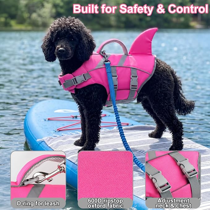 Dogcheer Shark Fin Dog Life Jacket, Dog Harness Life Vest - Pink,S | Reflective Puppy Swim Vest for Swimming, Boating, Lake, Beach & Pool, Water Vest with Handle for Small Medium Large Dogs