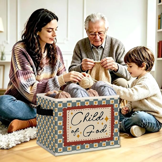 Christian Nursery Cube Storage Bins with Handles, Bible Verse Retro Checkered Collapsible Fabric Storage Basket Boxes Books Clothes Organizer for Kids Boys Girls Room Bedroom Bathroom