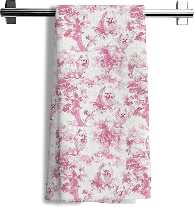 Pomeranian Dog Gifts for Pink Chinoiserie Floral Decor Kitchen Towels，Pink Pomeranian Dog Print Grandmillennial Decorative Dish Tea Towels for Kitchen Bathroom,16x24 Inch