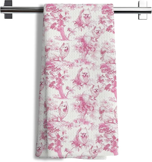 Pomeranian Dog Gifts for Pink Chinoiserie Floral Decor Kitchen Towels，Pink Pomeranian Dog Print Grandmillennial Decorative Dish Tea Towels for Kitchen Bathroom,16x24 Inch
