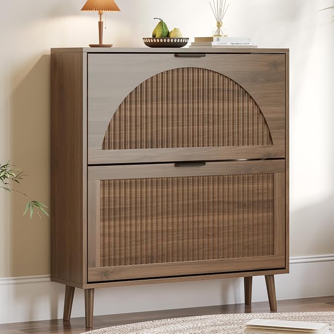 BORNOON Shoe Cabinet for Entryway with 2 Flip Drawers, Slim Wooden Shoe Storage Organizer with Modern Fluted Pannel，Freestanding Narrow Hidden Shoe Rack for Hallway, Foyer, Living Room