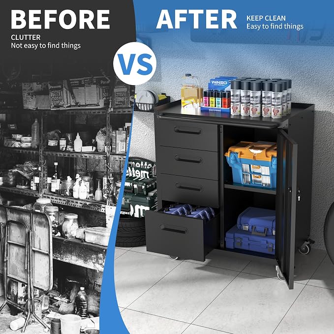 Metal Storage Cabinet for Garage, Tool Cabinet, Utility Cabinet | Wheeled, Rolling Tool Cabinet, 4 Drawers, 1 Door Lockable, Top Countertop, Assembly Required, Black