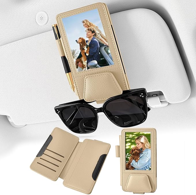 HOLDCY Car Visor Organizer with Registration Holder and Sunglasses Clip | Beige PU Faux Leather With Photo Window, Flip-Open Card Storage, Slim Profile And Tool-Free Setup; 1 Piece