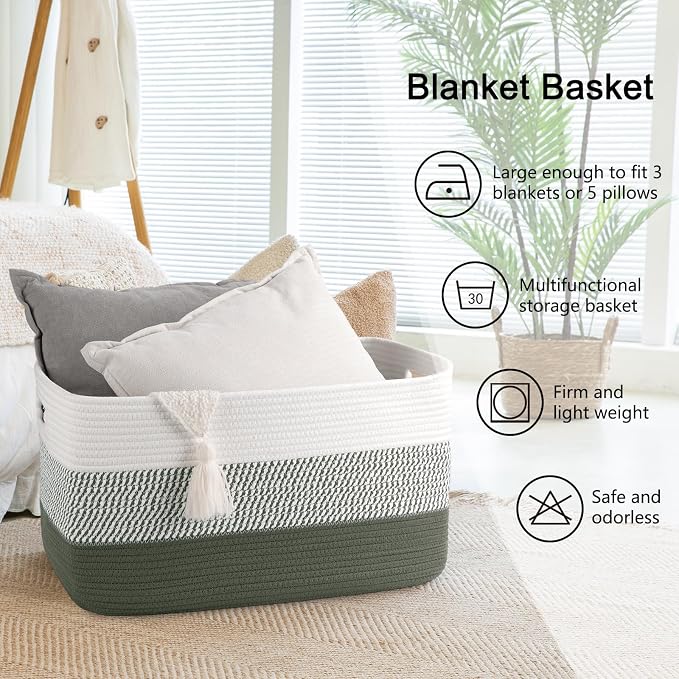 OIAHOMY Blanket Basket Laundry Basket Dog Toy Basket 75L Green/White | Large Storage Basket,Baby Basket,Toy Storage,Woven Rope Basket for Blankets,Blanket Storage for Living Room