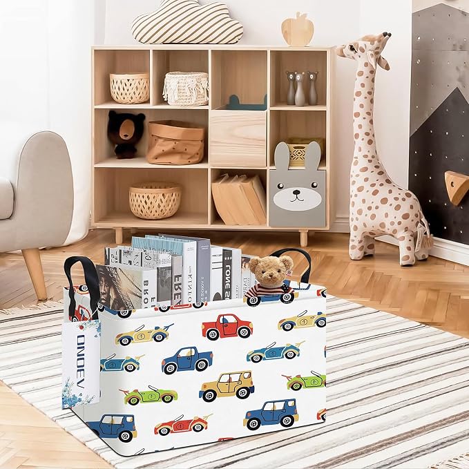 Rectangular Cartoon Car Storage Bin,Closet Organizer Basket | Waterproof fabric, reinforced handles, foldable bin holds apparel, gaming‑gear and belongings for teen‑boy bedrooms