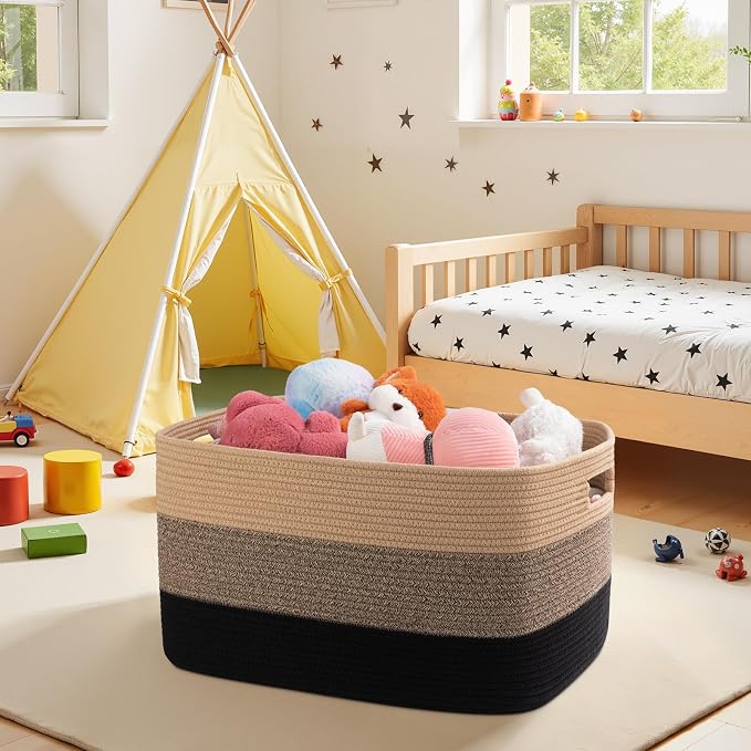 OIAHOMY Blanket Basket Laundry Basket Dog Toy Basket 75L Yellow Black | Large Storage Basket,Baby Basket,Toy Storage,Woven Rope Basket for Blankets,Blanket Storage for Living Room