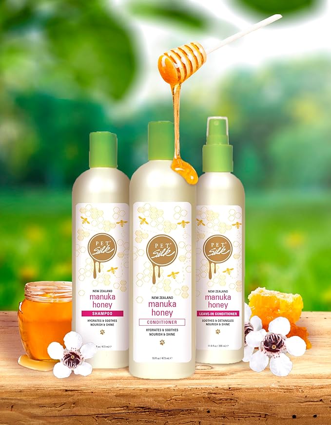 Pet Silk New Zealand Manuka Honey Shampoo, Specially Formulated to Provide Improved Hydration, Shine, Nourishment, and Soothing The Coat, Gentle for All Pets, Infused with Honey, Jojoba Oil (16oz)