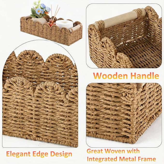 2PCS Paper Rope Scalloped Edge Toilet Paper Storage Basket for Bathroom | Basket for Over Toilet Shelves Storage Containers for Bathroom Decor Baskets for Toilet Storage Home Decor