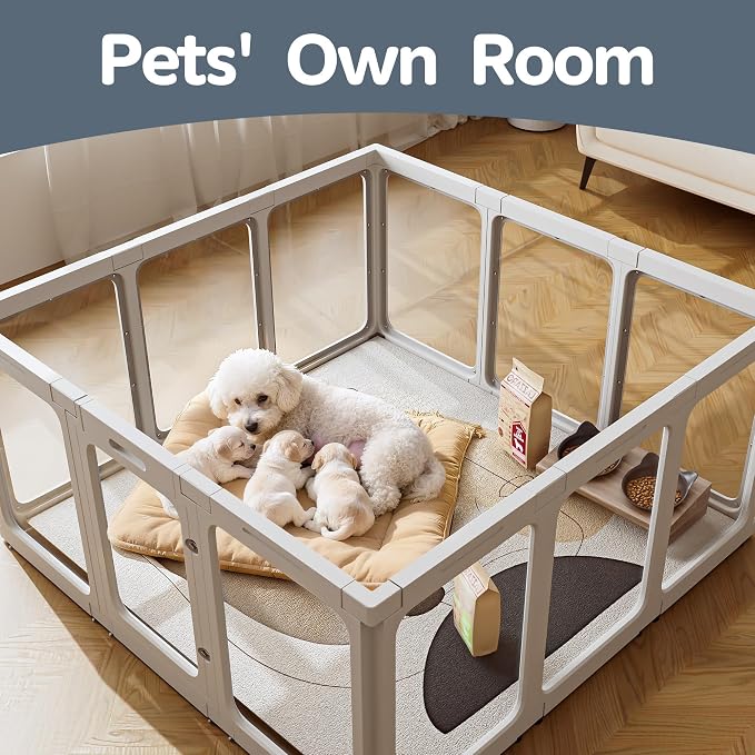 Jalove Acrylic Dog Playpen Indoor, 24" Easy Assemble Clear Pet Play Pen | Plastic Pet Playpen with Door for Puppy Rabbit, Easy Assemble,Easy to Clean,Relieves Pet Anxiety Small Cage, White 10 PCS