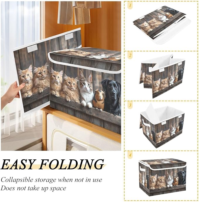 Dog Cats Fence Large Storage Bins with Linen Foldable Storage Cubes Fabric Closet Organizer Containers box with Flip-Top Lid for Home Office Closet 16.5” x 12.6” x 11.8”