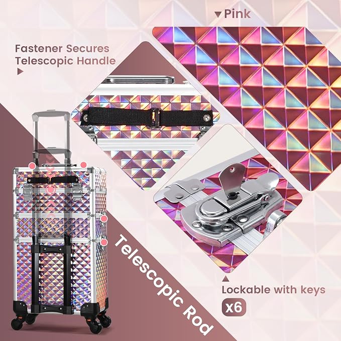 3 in 1 Rolling Makeup Train Case Cosmetology Case on Wheels Pink | Cosmetic Trolley Large Storage with Keys 360° Swivel Salon Barber Case Traveling Cart Trunk for Artist Hairstylists Nail Tech