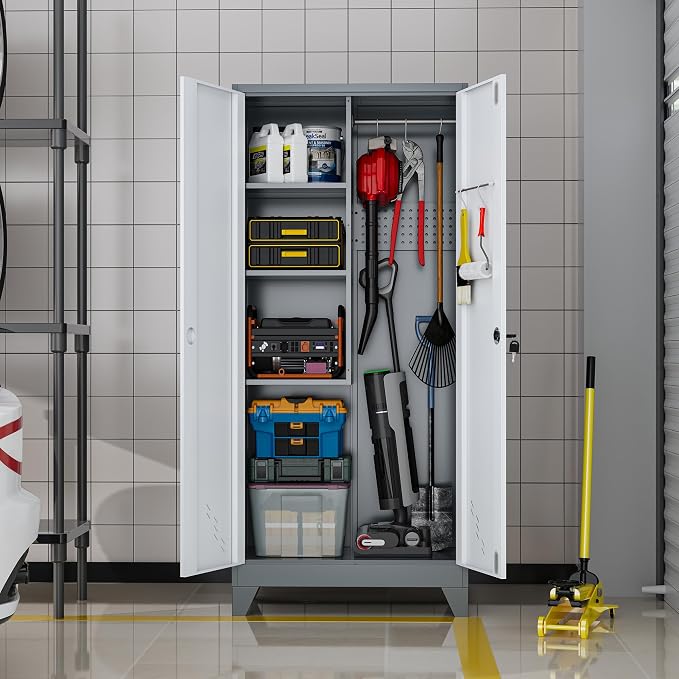 61" Metal Storage Cabinet with Lockable Doors, Cleaning Supply Cabinet with Pegboard and Hanging Rod. Garage Tool Storage Cabinets for Home, Laundry, Office, Home Kitchen Utility Cabinet