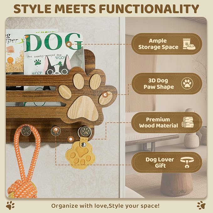 MTERSN Acacia Wood Dog Leash Holder for Wall for Dog Dad Gift, Brown