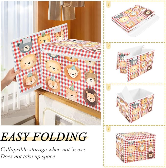 Zoo Lion Fabric Storage Bins with Lid Foldable Storage Boxes 40L Baskets | Decorative Storage Boxes, Dust-Proof Flip Top, Reinforced Handles, For Home & Bedroom, Clothes & Toy Box, Zoo Fabric Print