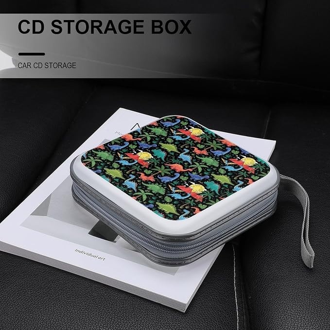 Portable 40-Capacity DVD Storage Binder Dinosaurs World, Hard Case CD Holder with Zipper, Organizer for Music Movies Game Discs