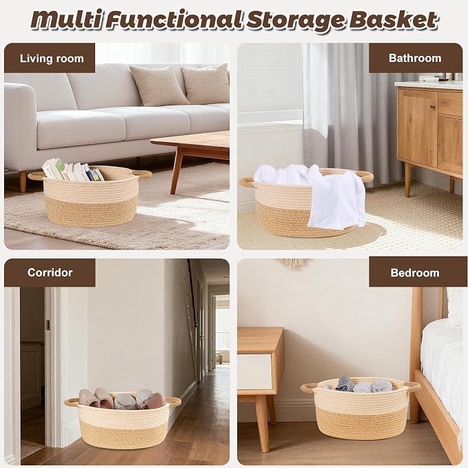 Woven Basket for Toys, Blankets & Gifts Empty ,Cotton Rope Storage Basket with Reinforced Handles for Nursery,Livingroom,Bedroom,Bathroom & Home Decor,19.69" x 11.42" x 7.48" (M)