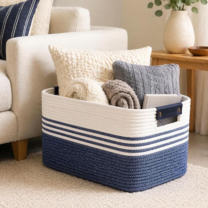 Cotton Rope Laundry Basket Extra Large, 25.4GAL Collapsible Woven Storage Baskets for Living Room Kids Toys Stuffed Animal,Boho Rectangular Decorative Hamper for Dirty Clothes, Blankets Denim Blue
