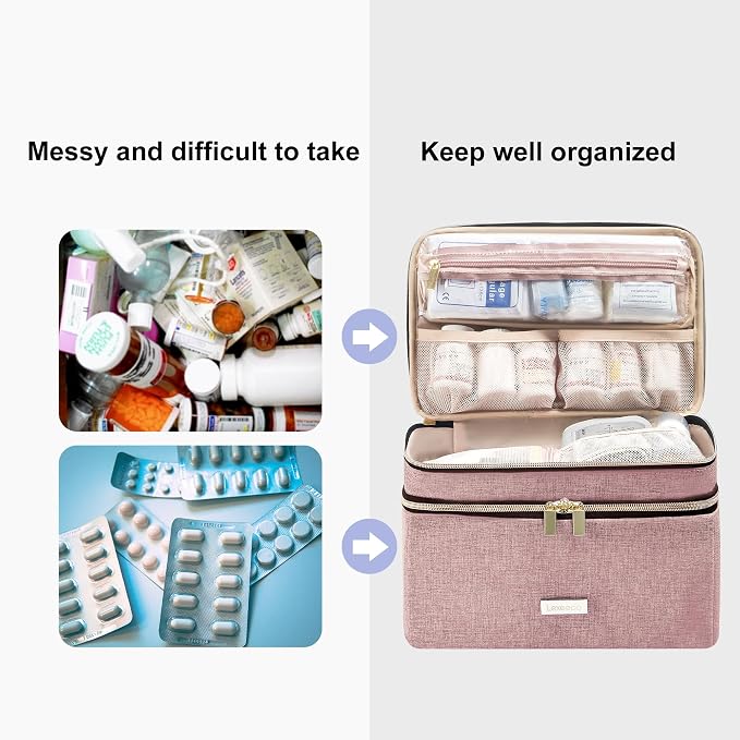Lexeeco Travel Medicine Pill Bottle Organizer Bag with Portable Small Pouch | Medication Case with Lockable Zipper for Pill,Vitamin,Medicine Storage Box for College Dorm Student,Home,First Aid Bag Empty
