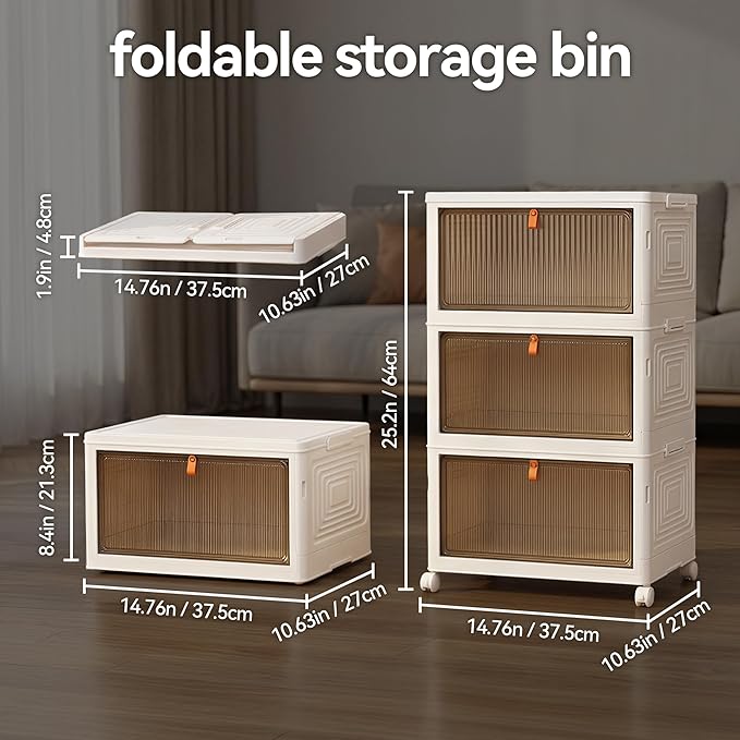 LDQ Storage Bins with Lids, 3 Tier 69QT Stackable Storage Cabinet, Foldable Closet Organizer with Doors & Wheels, Plastic Storage Drawers for Bedroom, Living Room, Bathroom