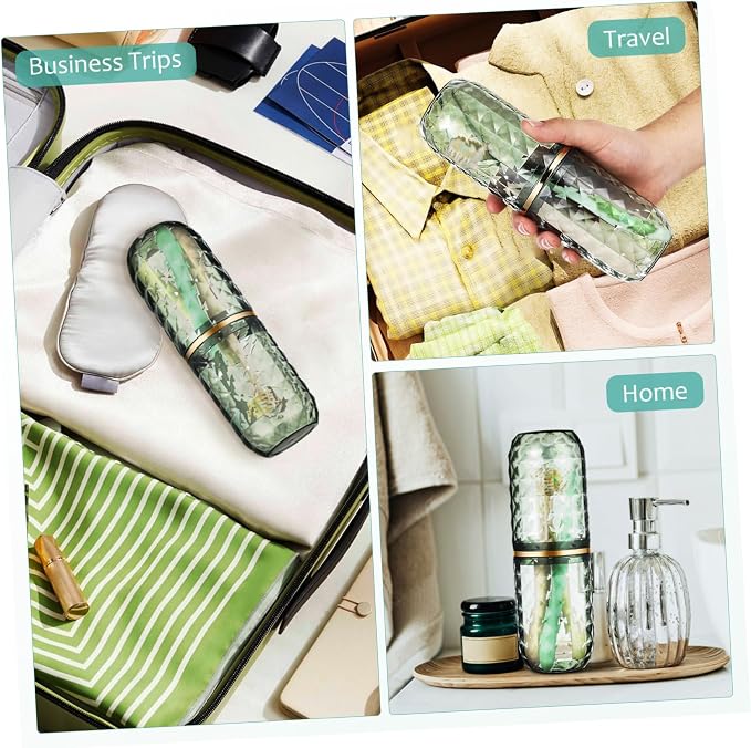 Travel Toothbrush Cup Holder with Lid Reusable PET Green | Covered Brush Case, Portable Organizer for Toiletries, Easy Cleaning, Multipurpose Use, Stylish Design