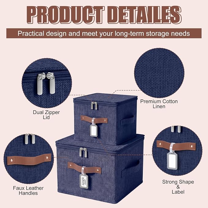 6 Pack Fabric Closet Storage Bins with Zipper Lids and Label, 10×8×7In Large Size Foldable Cotton Linen Storage Cubes Boxes with PU Leather Handles Holders for Bedroom, Nursery, Dark Blue