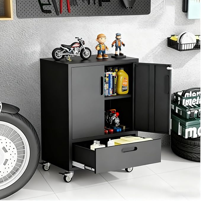 Garage Cabinets,Metal Garage Storage Cabinet with Wheels,Black Lockable Rolling Tool Cabinet with Drawer and Adjustable Shelves,Heavy Duty Tools Cabinet for Home Office Utility Room