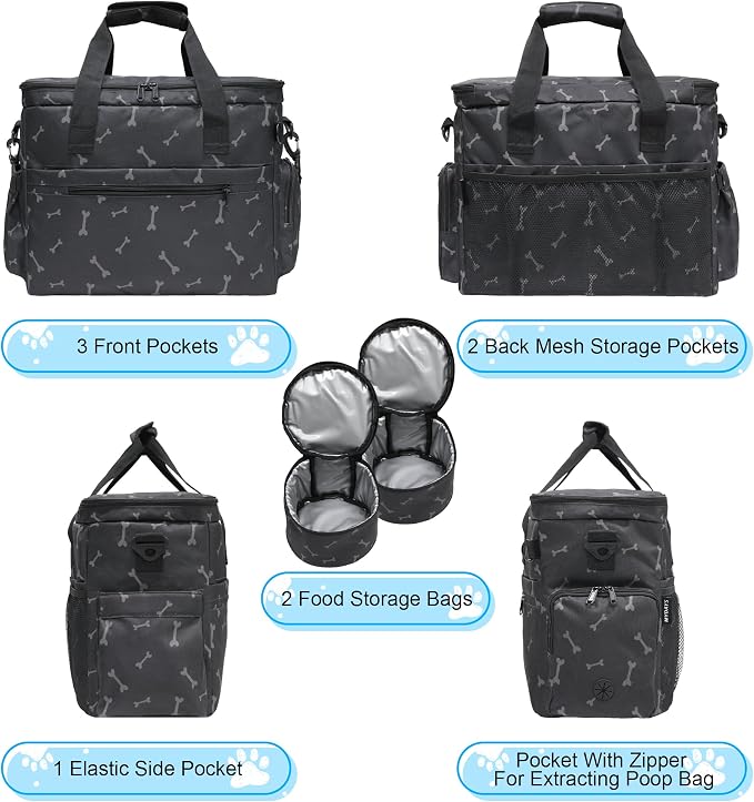 MYDAYS Dog Travel Bag, Pet Luggage Suitcase, Weekend Tote Carrier with Collapsible Bowl (Black1)