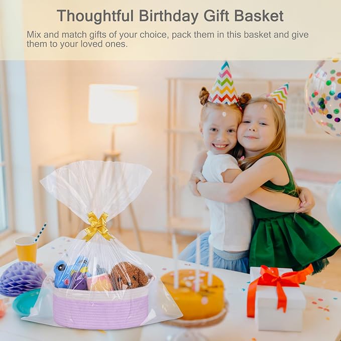 Small Empty Gift Basket with Bag & Ribbons, White & Purple | 12“x8”x5”, Cotton Rope Woven Basket for Birthdays, Baby Showers, Mother's Day, Christmas; Stores Small Items, Kids & Pet Toys
