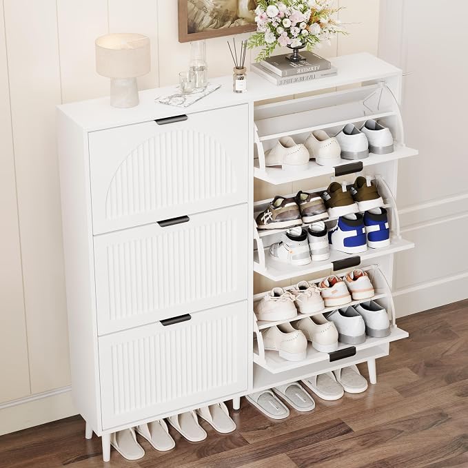 Shoe Storage Cabinet with 6 Flip Drawers, Narrow Wood Shoe Organizer Cabinet with Fluted Panel, Slim Shoe Rack for Entryway, Freestanding Shoe Cabinet for Living Room, Hallway, White