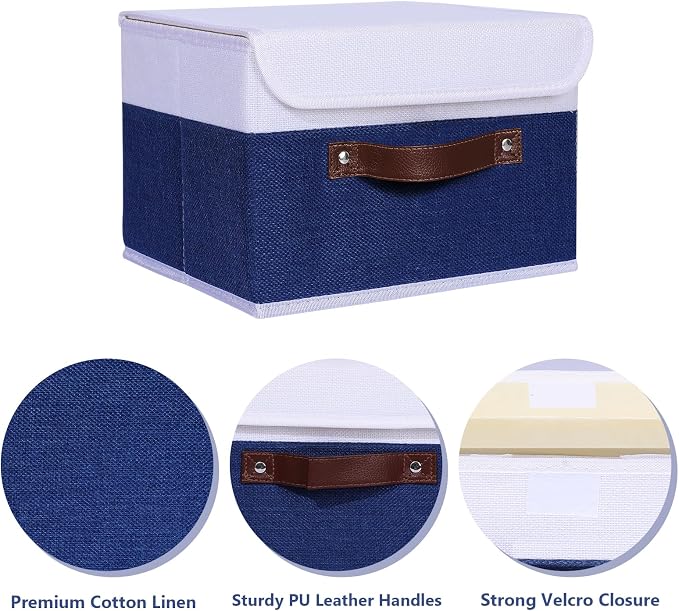 ANMINY Fabric Storage Box Bins with Lids, Blue White, 10"x8"x7", 4 Pack | Keepsake Memory Storage, Cotton Linen, PP Board Reinforced, Washable, PU Handles, Foldable & Stackable, Decorative, Small